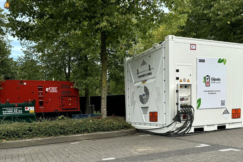 batterijpack van 255 kW (400 kWh) van Gijsels bv voor tijdelijke stroomvoorziening op de bouwwerf