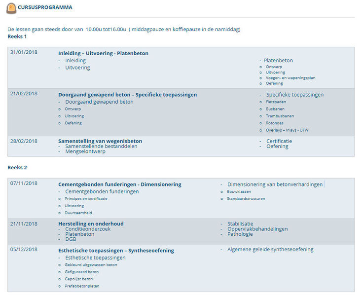 het programma voor de curus betonwegen jaar 2018